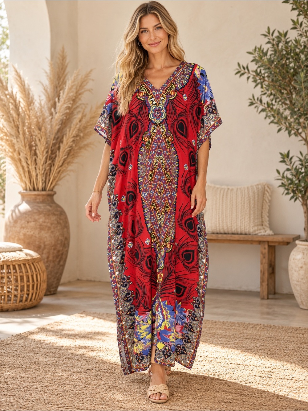Red Printed V-Neck Caftan Dress Boho Swim Cover-Up Sz 16